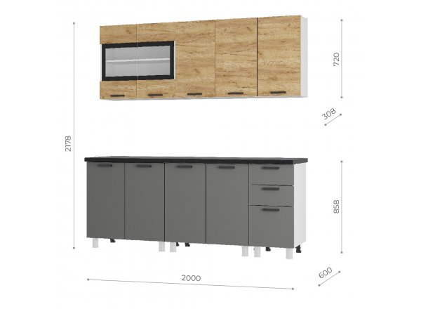 Кухня Крафт 2,0 м тип 2, Графит, Черный янтарь